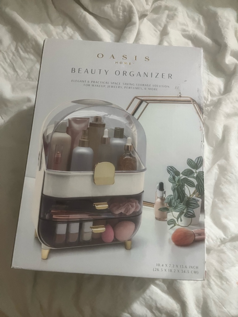 Oasis Makeup Organizer in White, Clear & Gold Accents